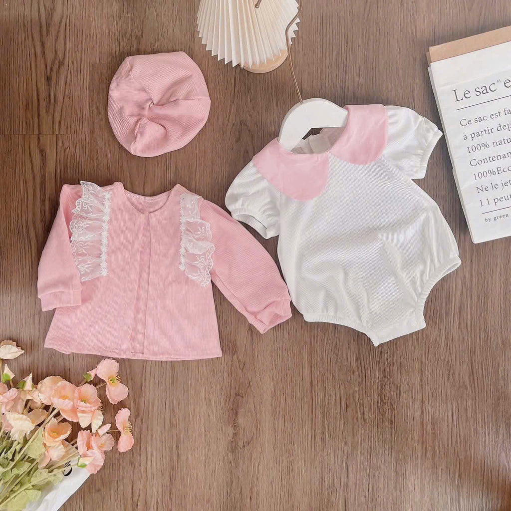 Pink Blossom Romper Set NB–12M | Baby Romper, Cardigan & Bonnet Set | Autumn & Winter Outfit
