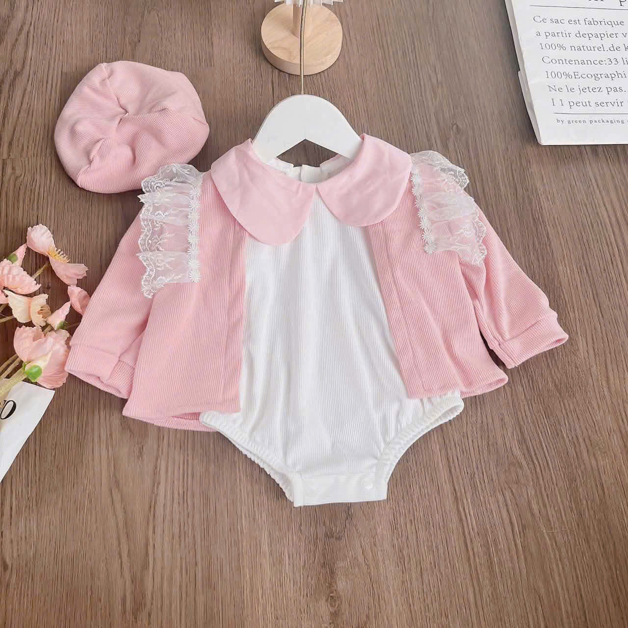 Pink Blossom Romper Set NB–12M | Baby Romper, Cardigan & Bonnet Set | Autumn & Winter Outfit