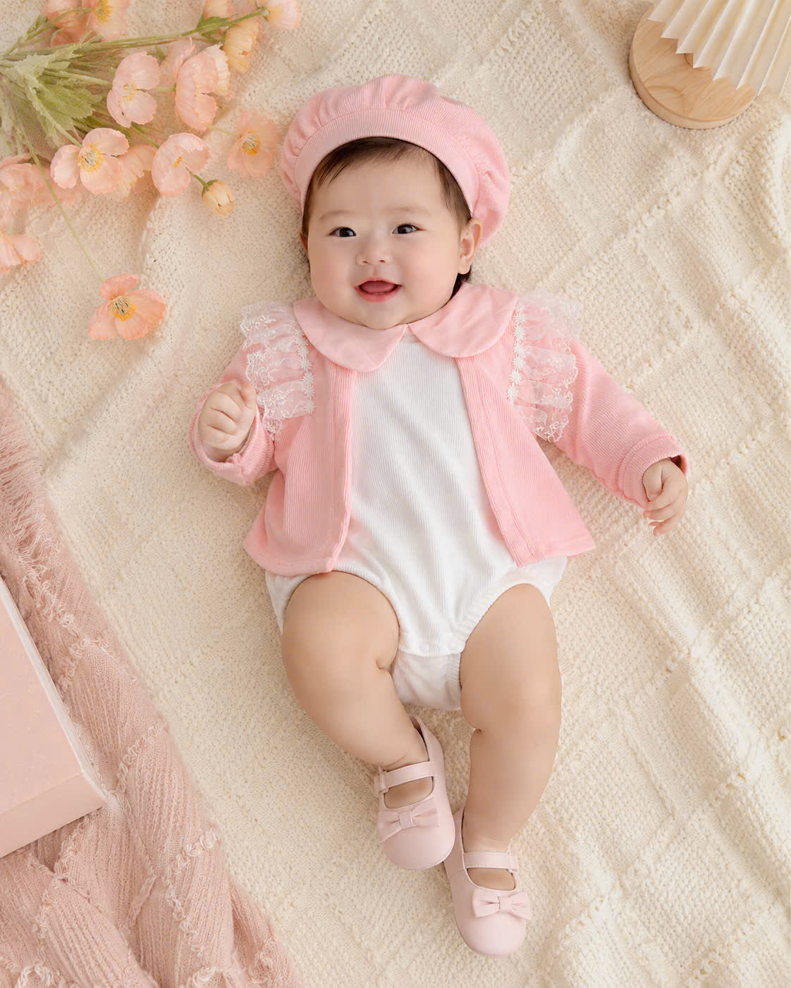 Pink Blossom Romper Set NB–12M | Baby Romper, Cardigan & Bonnet Set | Autumn & Winter Outfit