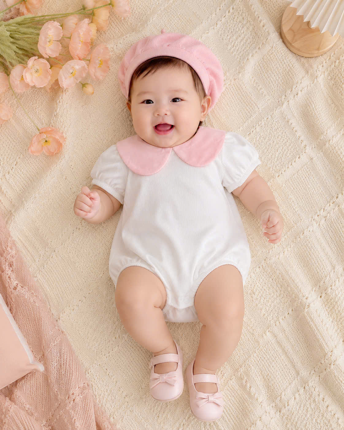 Pink Blossom Romper Set NB–12M | Baby Romper, Cardigan & Bonnet Set | Autumn & Winter Outfit