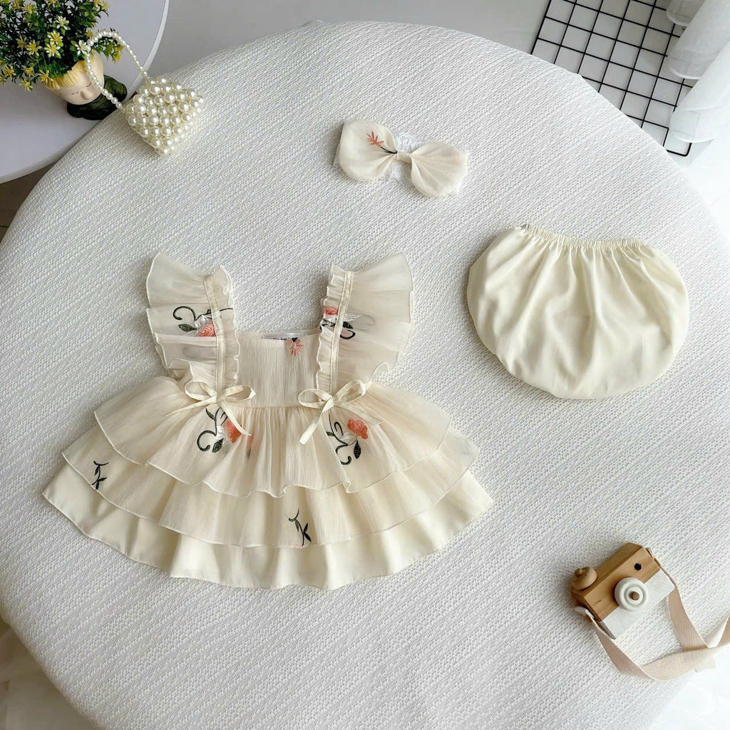 Cream Petal Elegance NB-2Y| Floral Baby Dress with Bloomers & Headband | Spring & Special Occasion Outfit