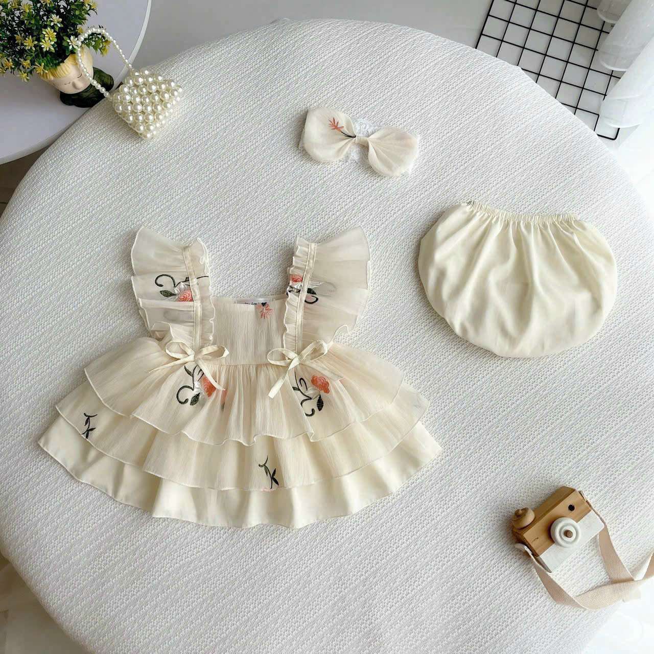 Cream Petal Elegance NB-2Y| Floral Baby Dress with Bloomers & Headband | Spring & Special Occasion Outfit