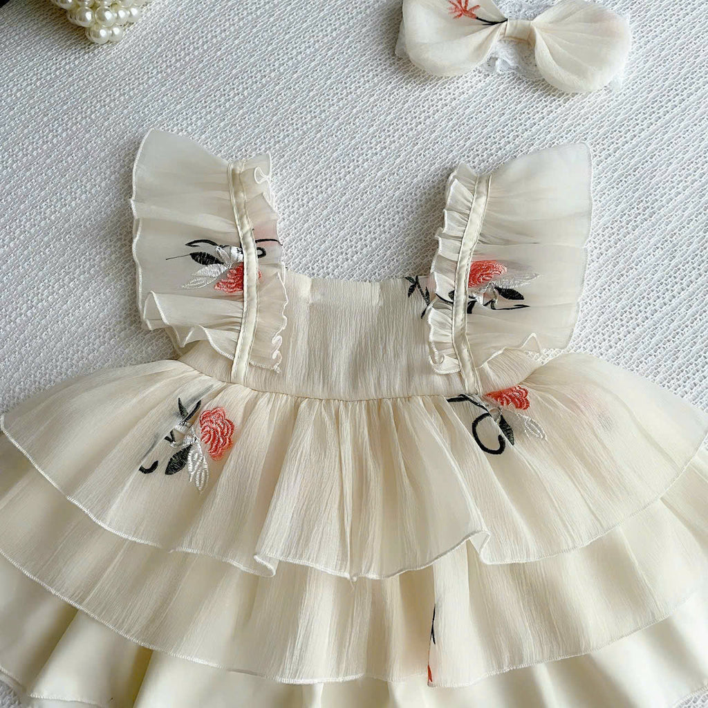 Cream Petal Elegance NB-2Y| Floral Baby Dress with Bloomers & Headband | Spring & Special Occasion Outfit