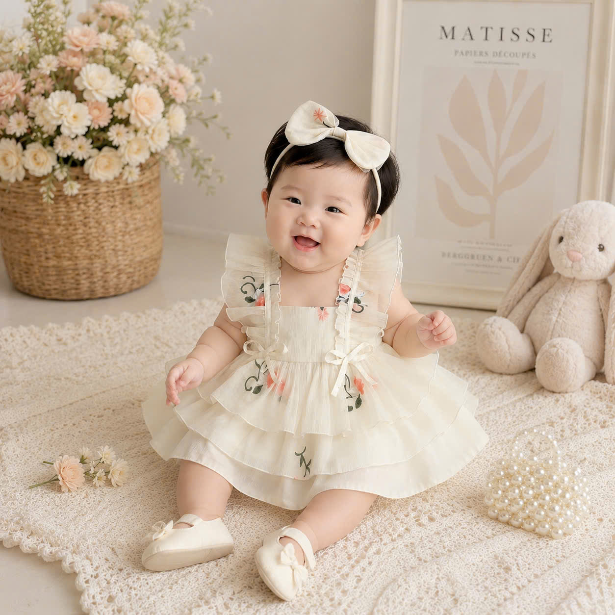 Cream Petal Elegance NB-2Y| Floral Baby Dress with Bloomers & Headband | Spring & Special Occasion Outfit