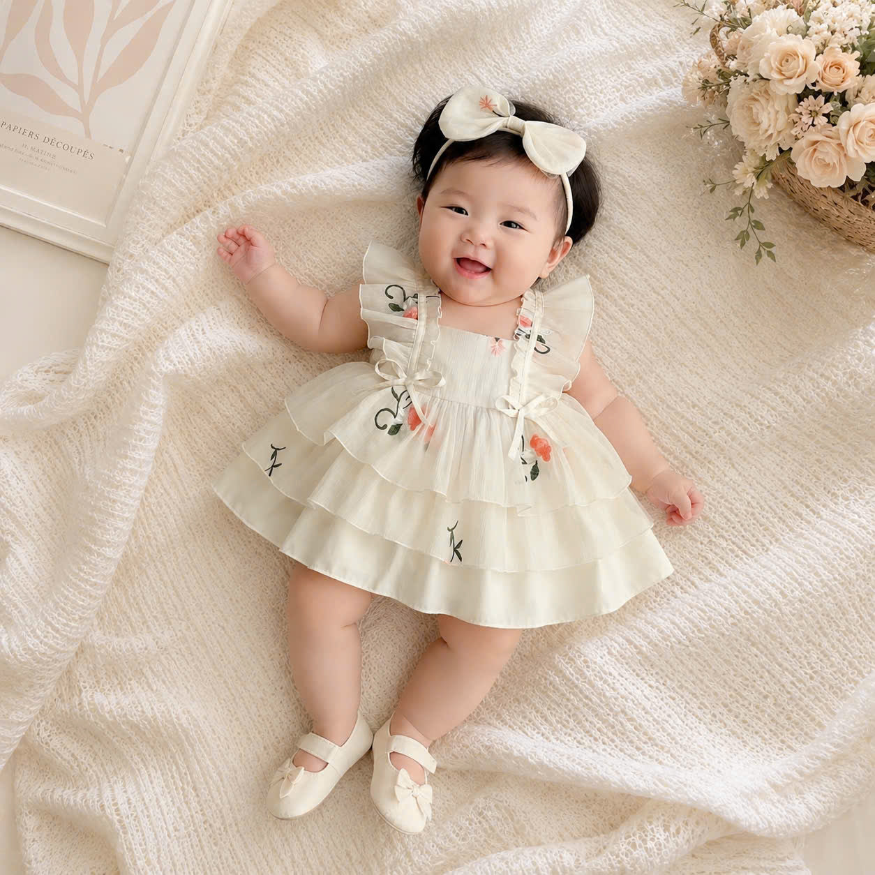 Cream Petal Elegance NB-2Y| Floral Baby Dress with Bloomers & Headband | Spring & Special Occasion Outfit