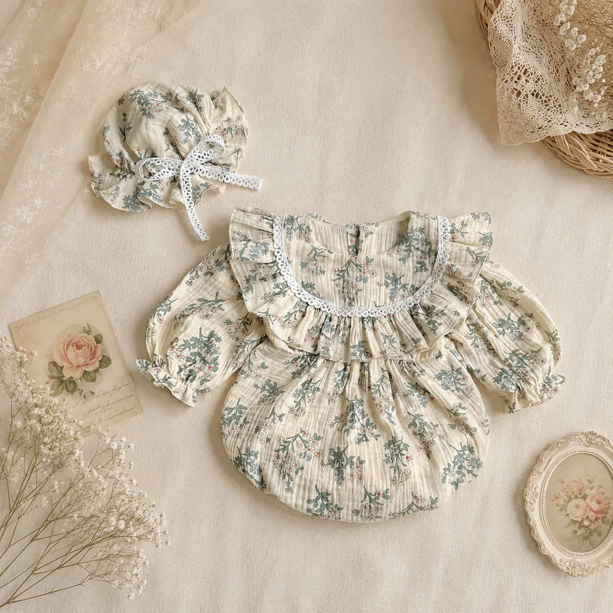 Meadow Whispers Long Sleeve Romper NB-2Y | Floral Muslin Baby Romper with Bonnet | Autumn & Winter Outfit