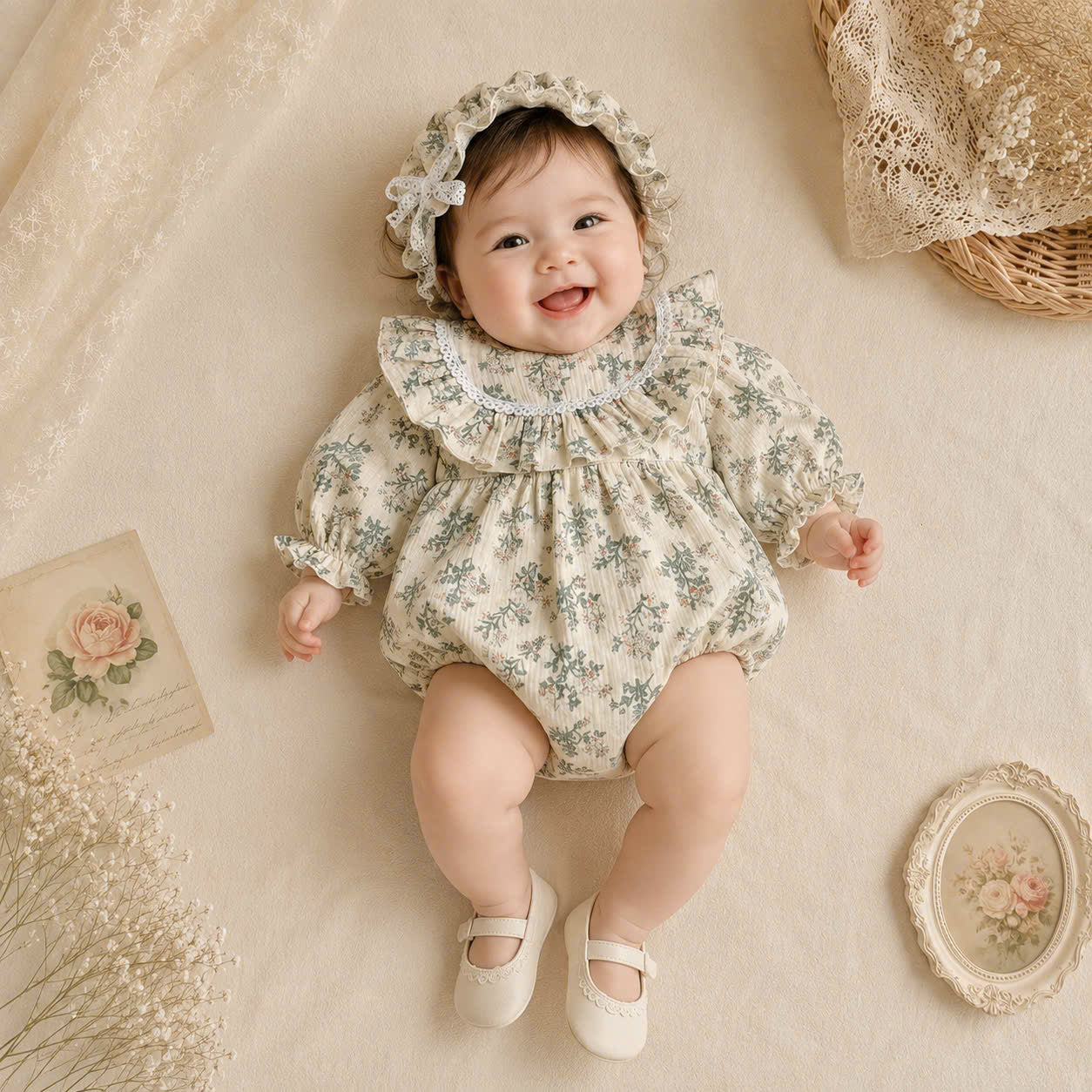 Meadow Whispers Long Sleeve Romper NB-2Y | Floral Muslin Baby Romper with Bonnet | Autumn & Winter Outfit