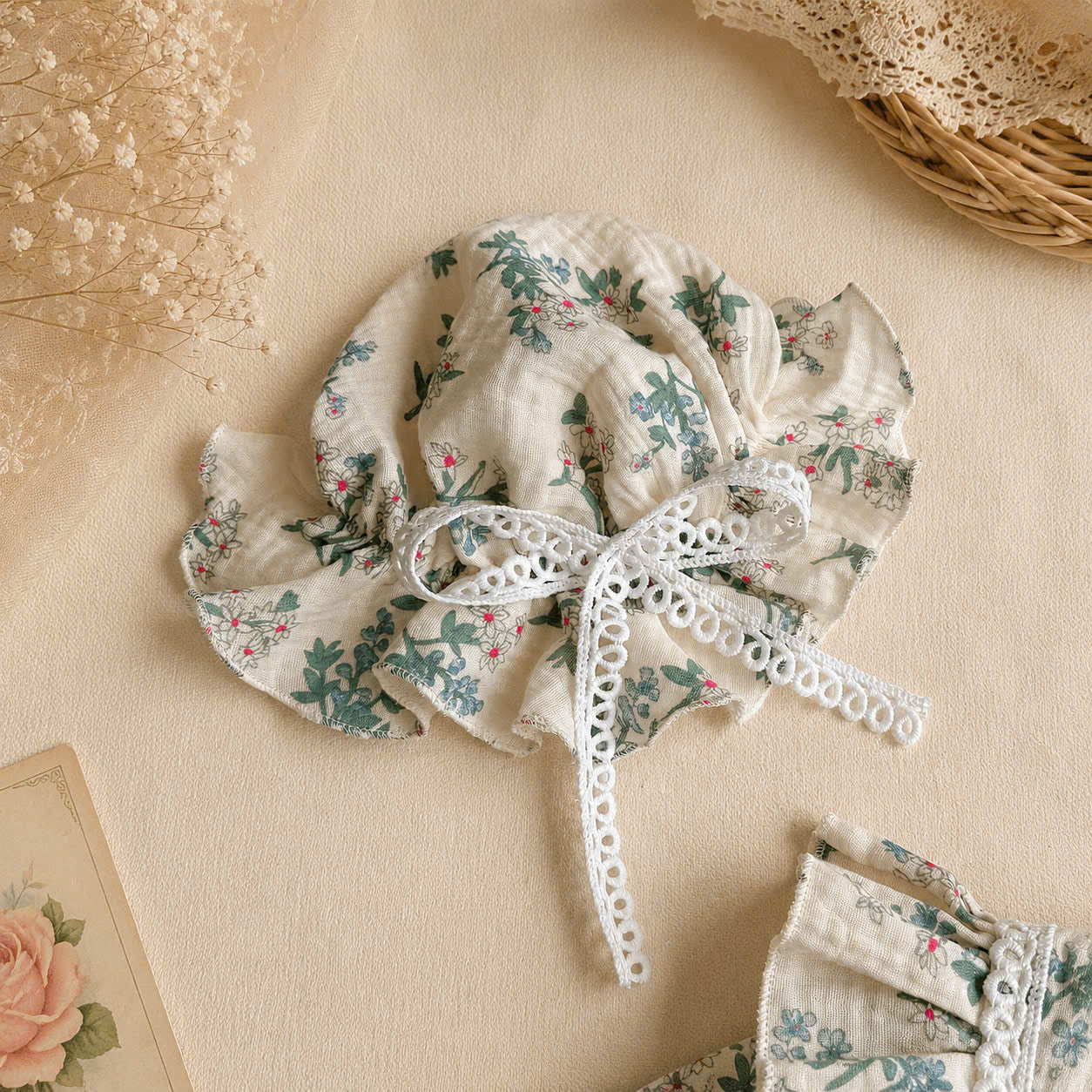 Meadow Whispers Long Sleeve Romper NB-2Y | Floral Muslin Baby Romper with Bonnet | Autumn & Winter Outfit