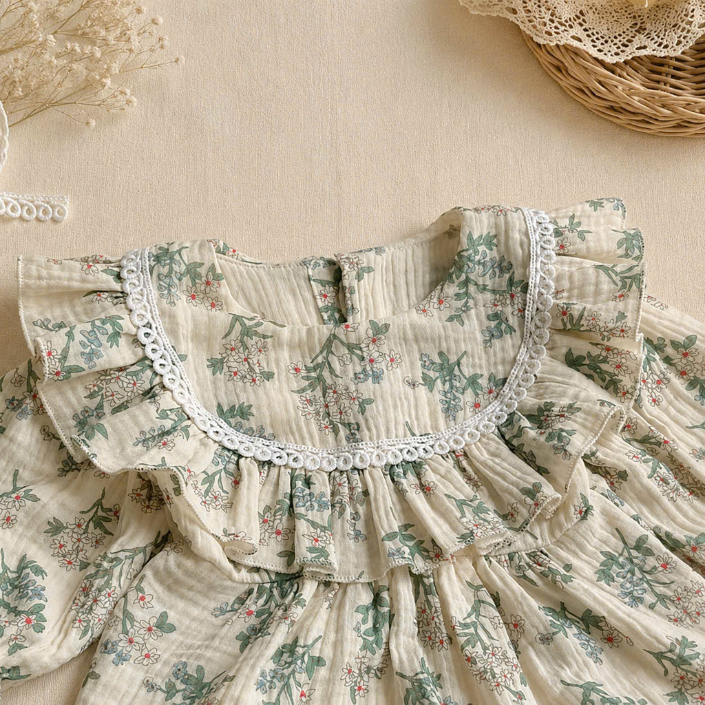 Meadow Whispers Long Sleeve Romper NB-2Y | Floral Muslin Baby Romper with Bonnet | Autumn & Winter Outfit