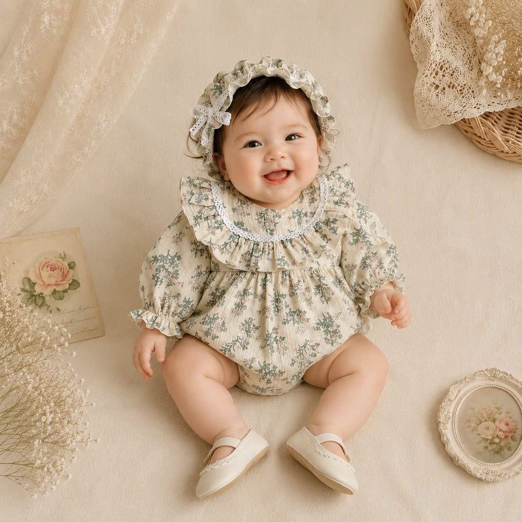 Meadow Whispers Long Sleeve Romper NB-2Y | Floral Muslin Baby Romper with Bonnet | Autumn & Winter Outfit