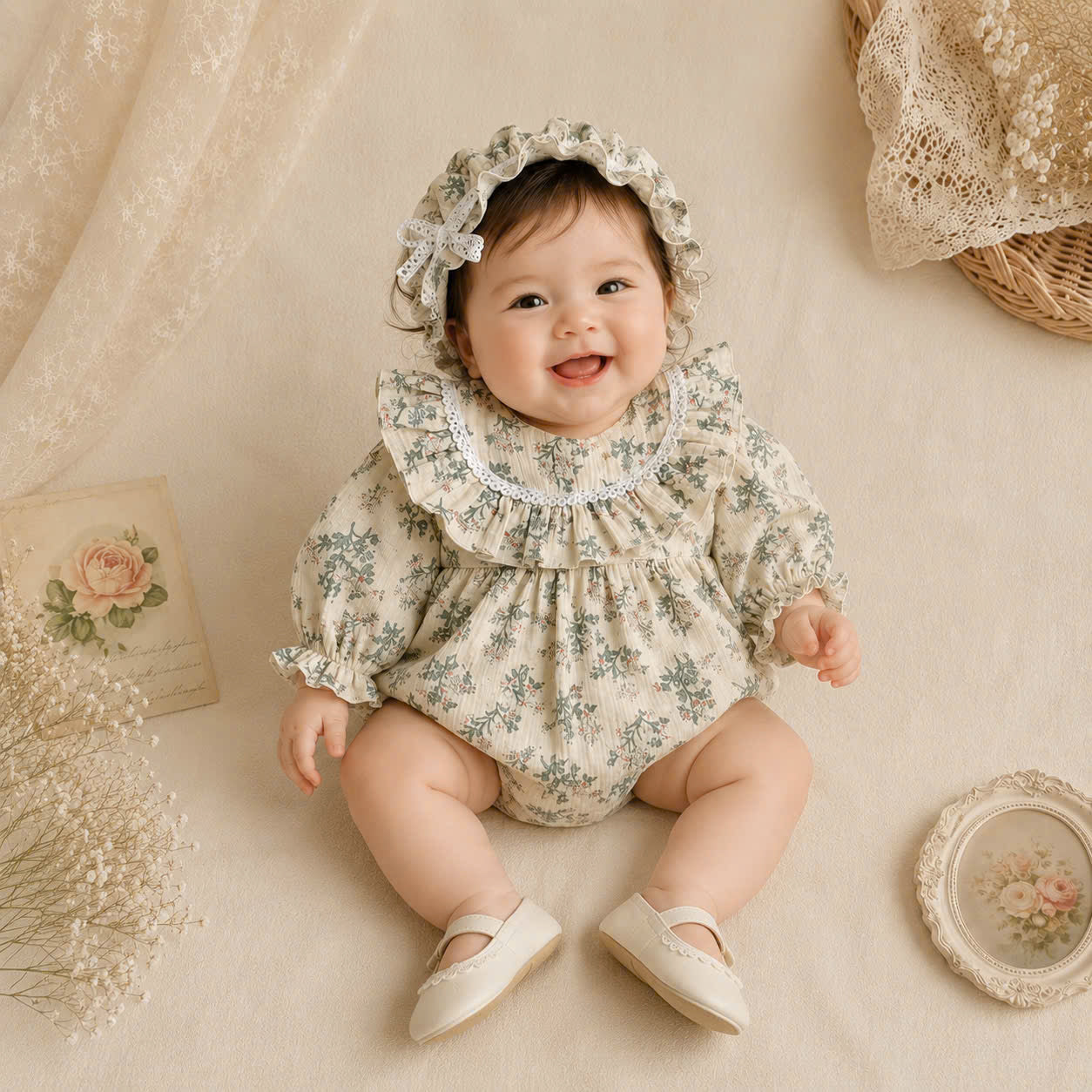 Meadow Whispers Long Sleeve Romper NB-2Y | Floral Muslin Baby Romper with Bonnet | Autumn & Winter Outfit