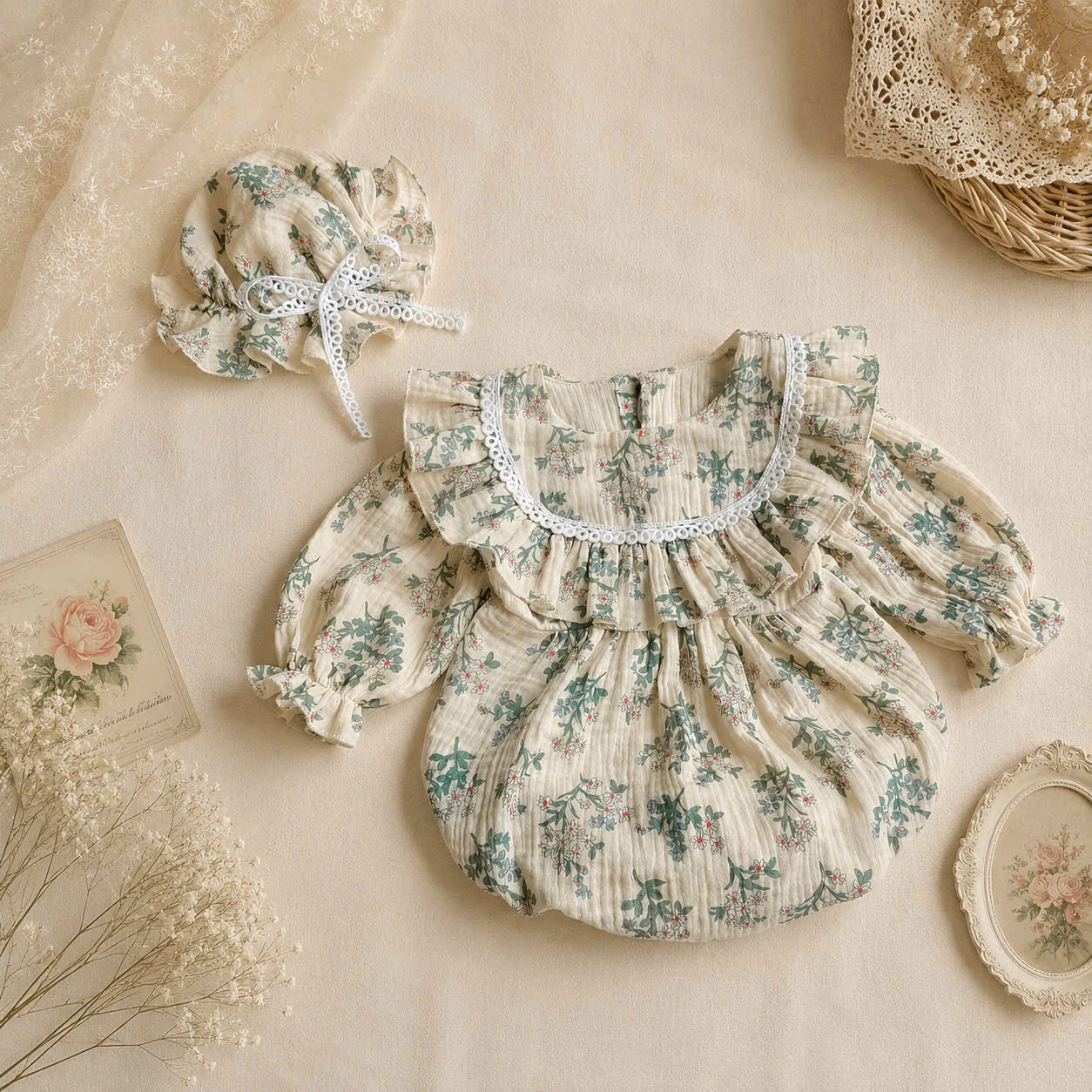 Meadow Whispers Long Sleeve Romper NB-2Y | Floral Muslin Baby Romper with Bonnet | Autumn & Winter Outfit