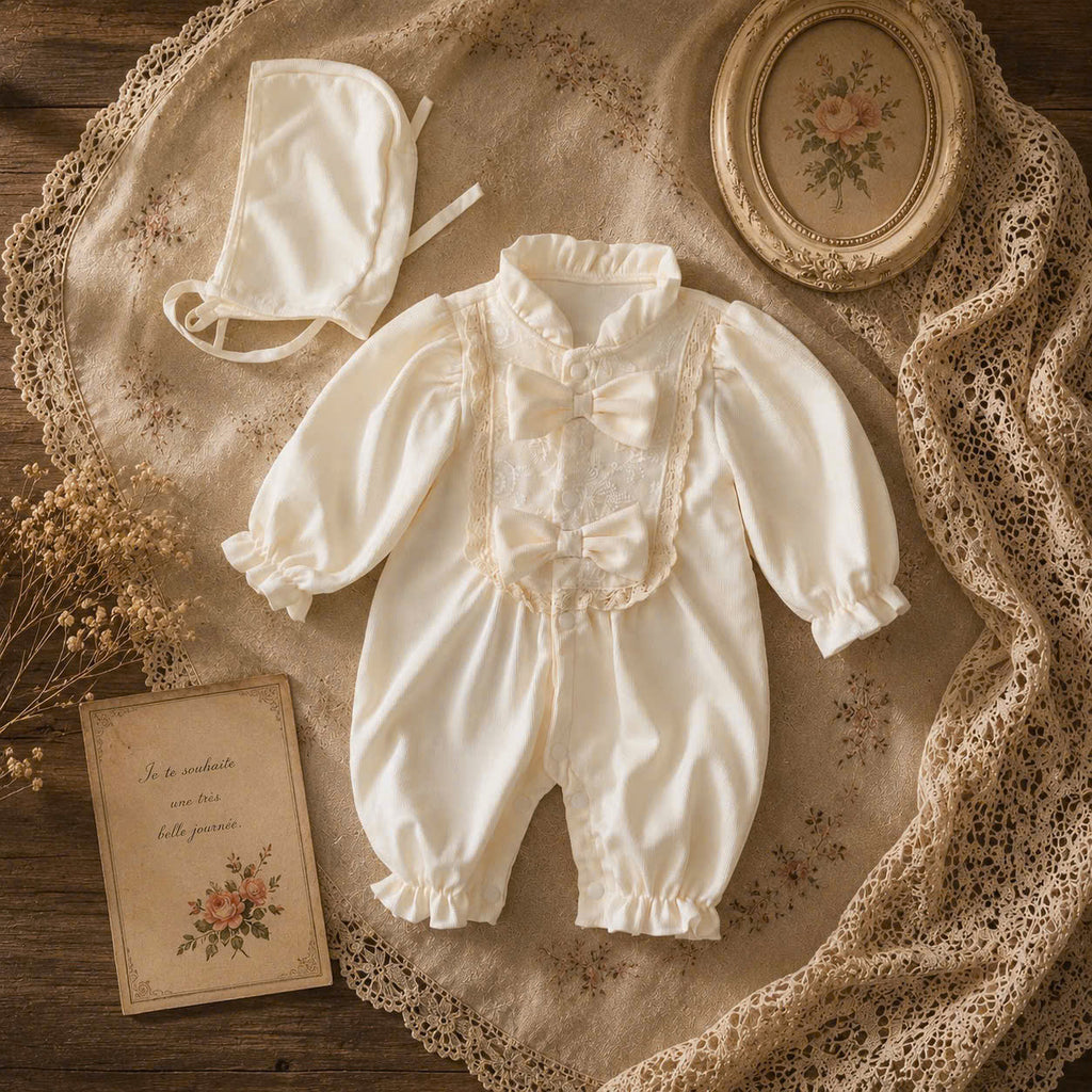 Honey Pearl Lace Bodysuit Set NB-12M | Long Sleeve Baby Bodysuit with Bonnet | Autumn & Winter Outfit