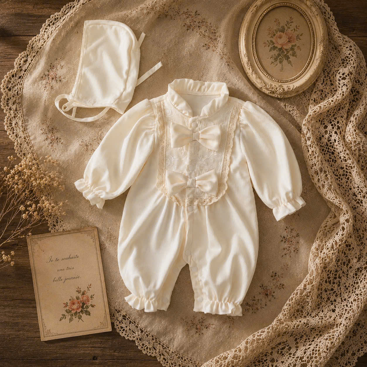 Honey Pearl Lace Bodysuit Set NB-12M | Long Sleeve Baby Bodysuit with Bonnet | Autumn & Winter Outfit