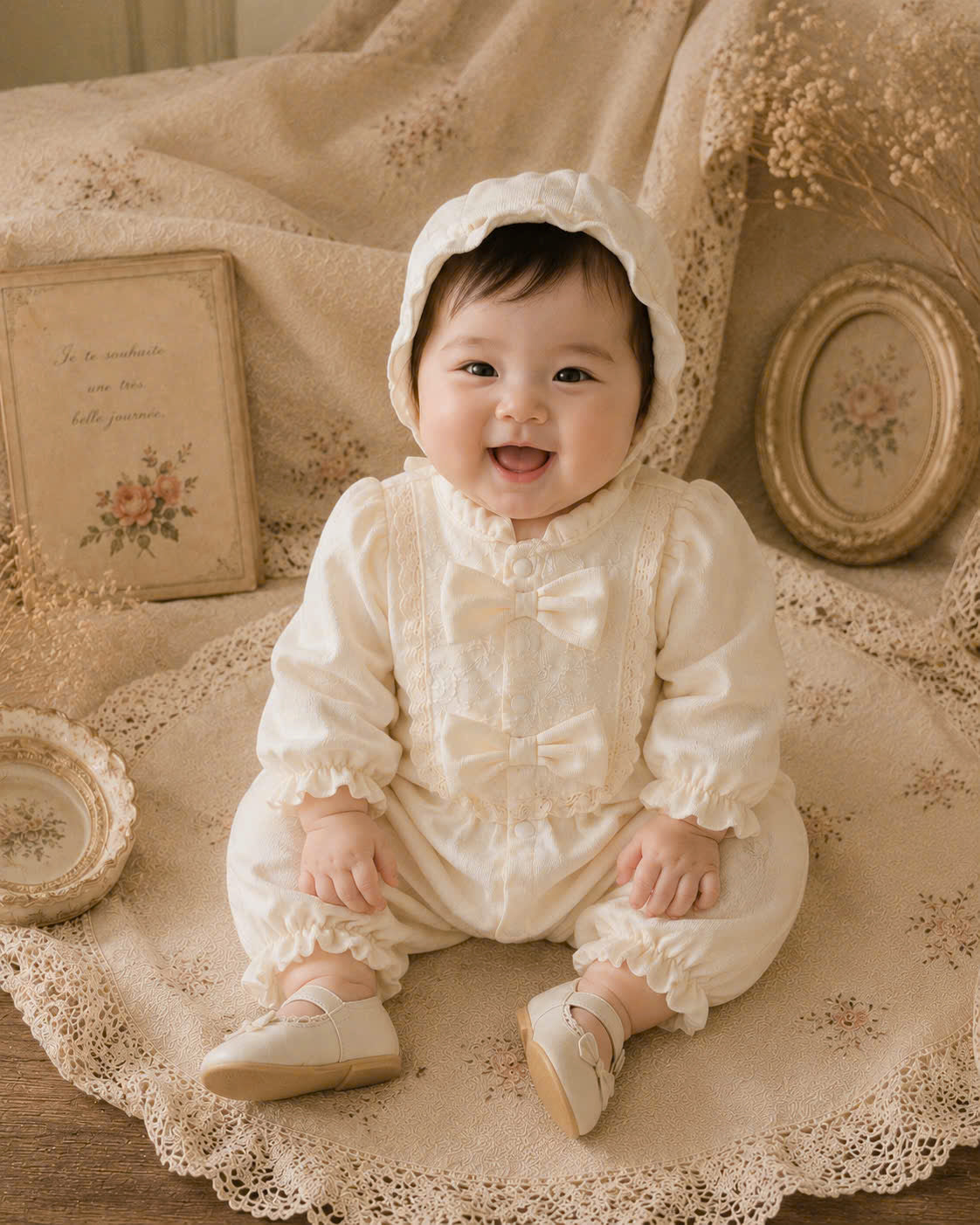 Honey Pearl Lace Bodysuit Set NB-12M | Long Sleeve Baby Bodysuit with Bonnet | Autumn & Winter Outfit