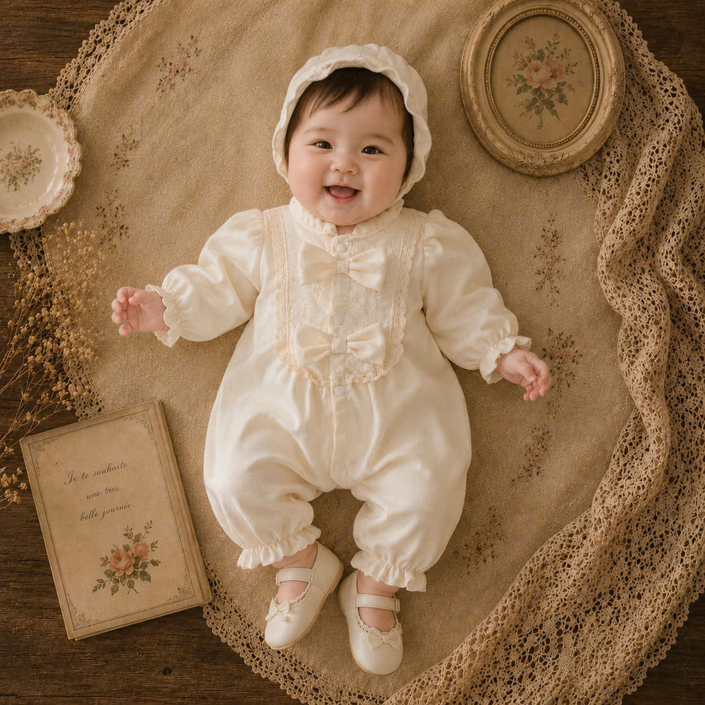 Honey Pearl Lace Bodysuit Set NB-12M | Long Sleeve Baby Bodysuit with Bonnet | Autumn & Winter Outfit