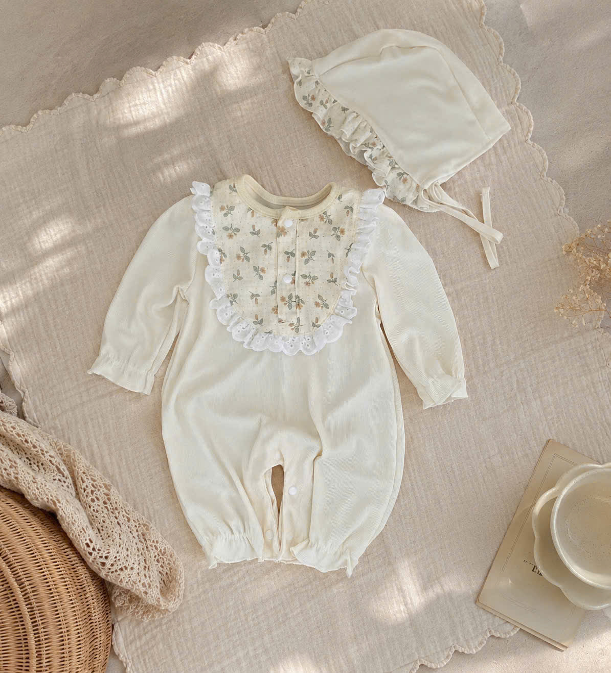 Lace Ruffle Long Sleeve Bodysuit Set NB–12M | Ribbed Baby Bodysuit with Bonnet | Autumn & Winter Outfit