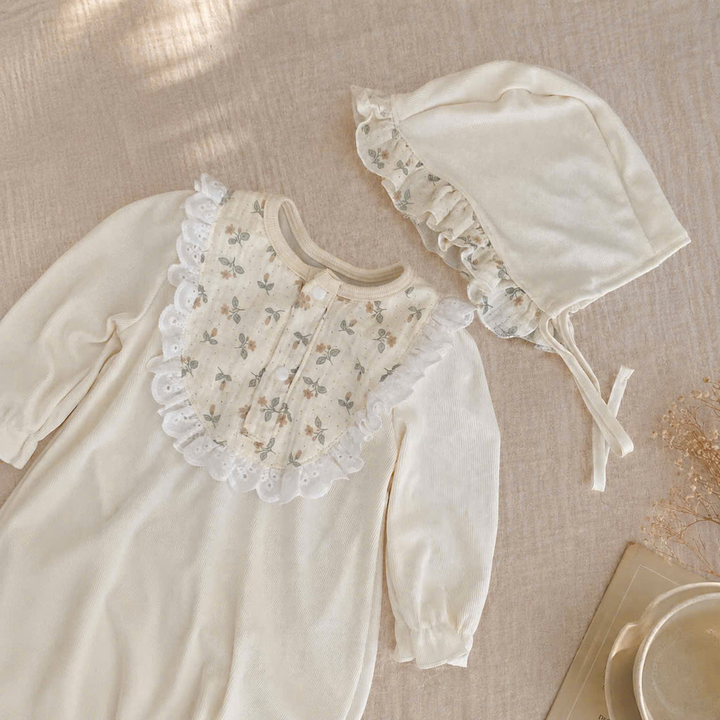 Lace Ruffle Long Sleeve Bodysuit Set NB–12M | Ribbed Baby Bodysuit with Bonnet | Autumn & Winter Outfit