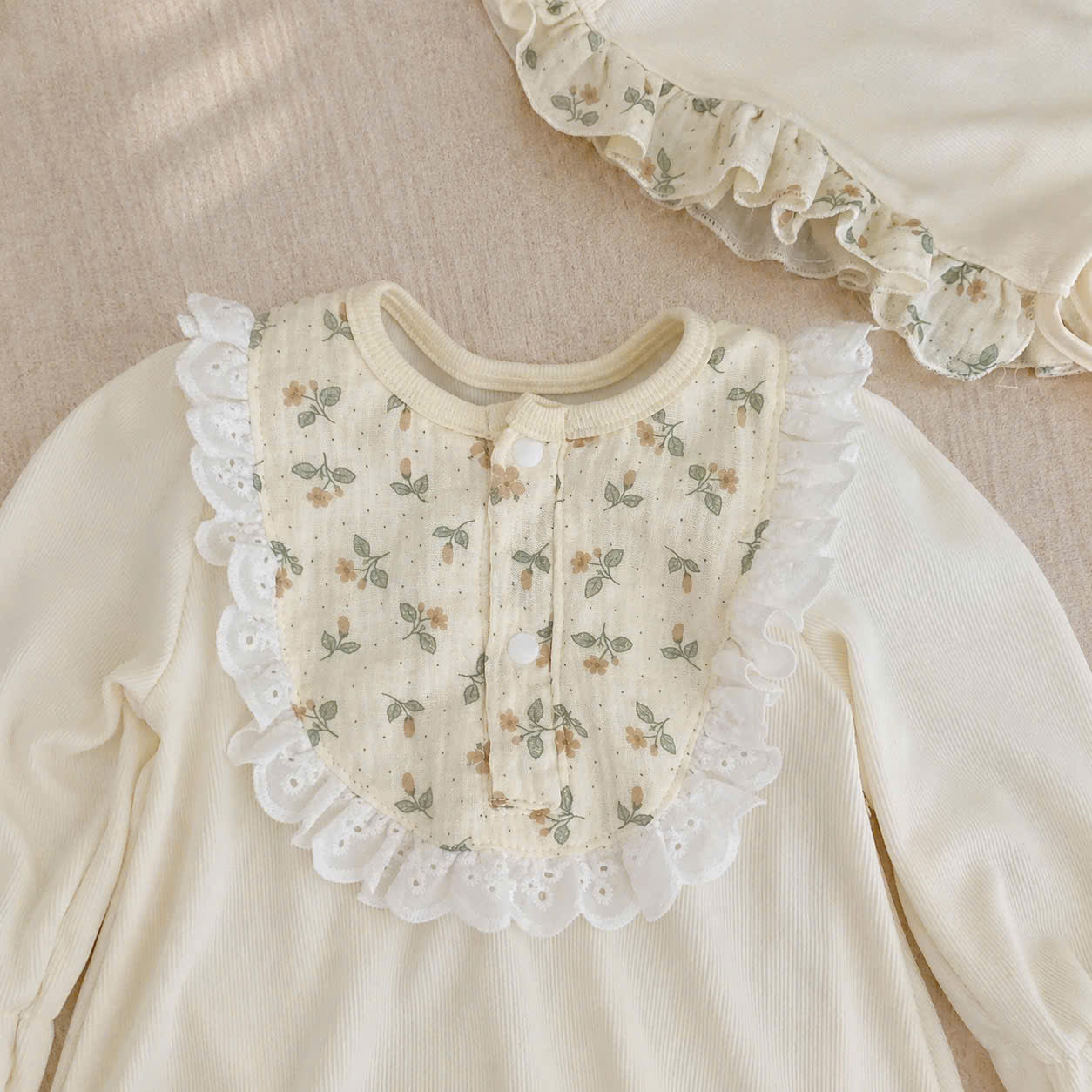 Lace Ruffle Long Sleeve Bodysuit Set NB–12M | Ribbed Baby Bodysuit with Bonnet | Autumn & Winter Outfit