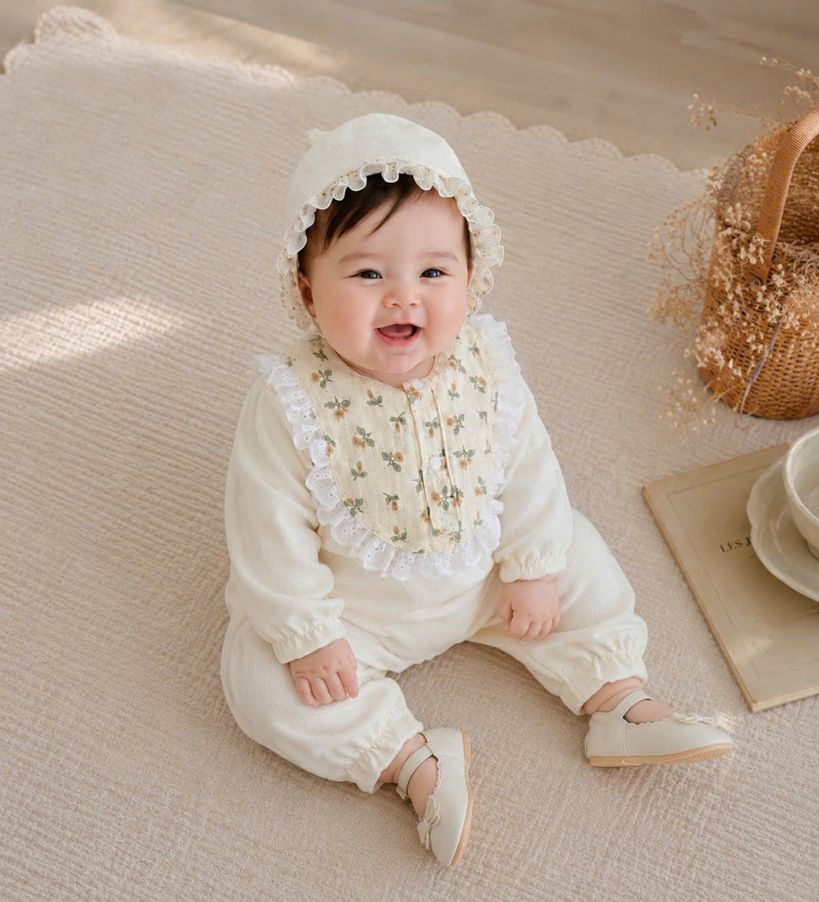 Lace Ruffle Long Sleeve Bodysuit Set NB–12M | Ribbed Baby Bodysuit with Bonnet | Autumn & Winter Outfit