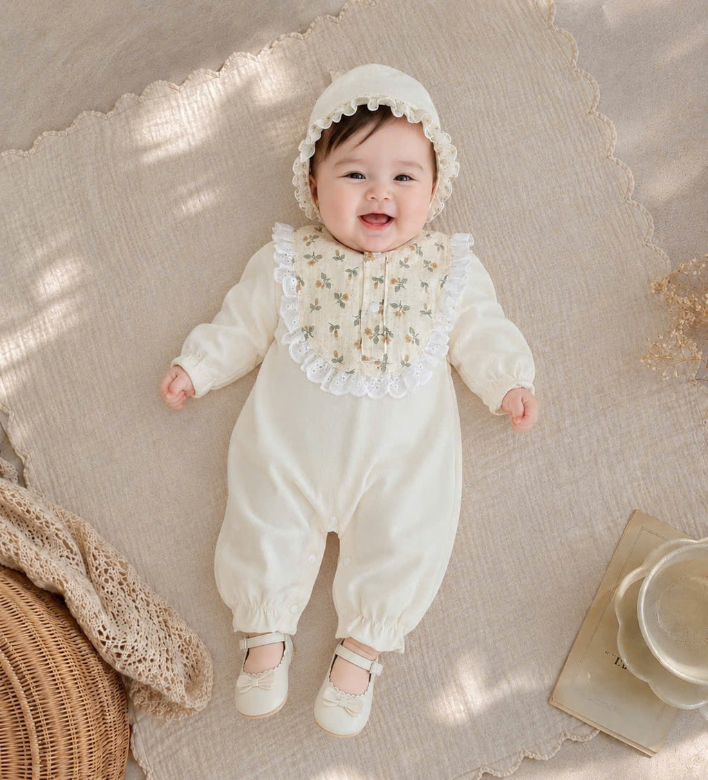 Lace Ruffle Long Sleeve Bodysuit Set NB–12M | Ribbed Baby Bodysuit with Bonnet | Autumn & Winter Outfit