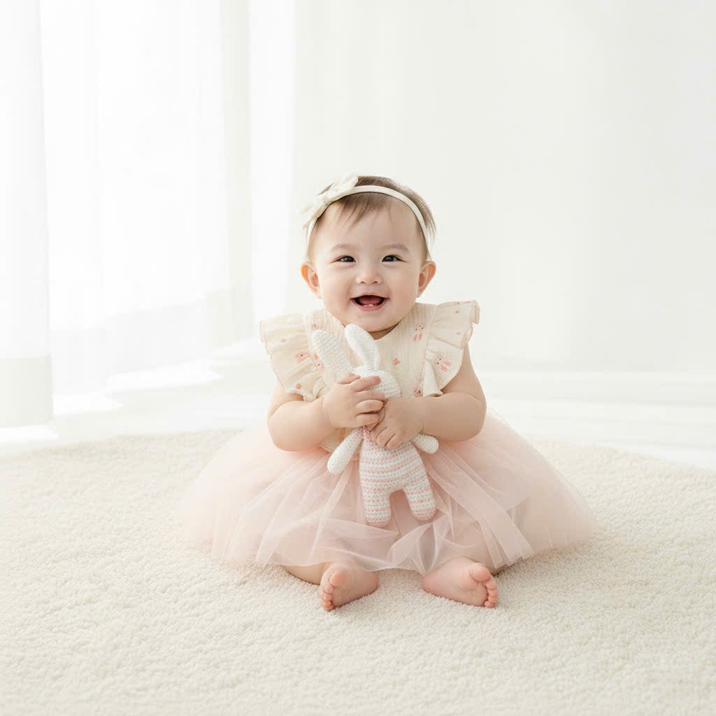 Rosy Bunny Tulle Romper Dress NB–2Y | Bunny Print Baby Dress with Headband | Party & Photoshoot Outfit
