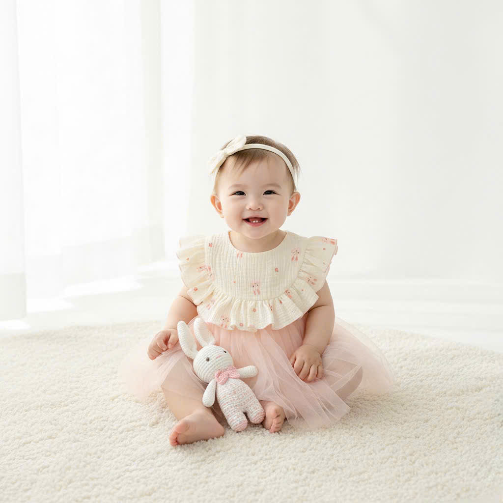 Rosy Bunny Tulle Romper Dress NB–2Y | Bunny Print Baby Dress with Headband | Party & Photoshoot Outfit