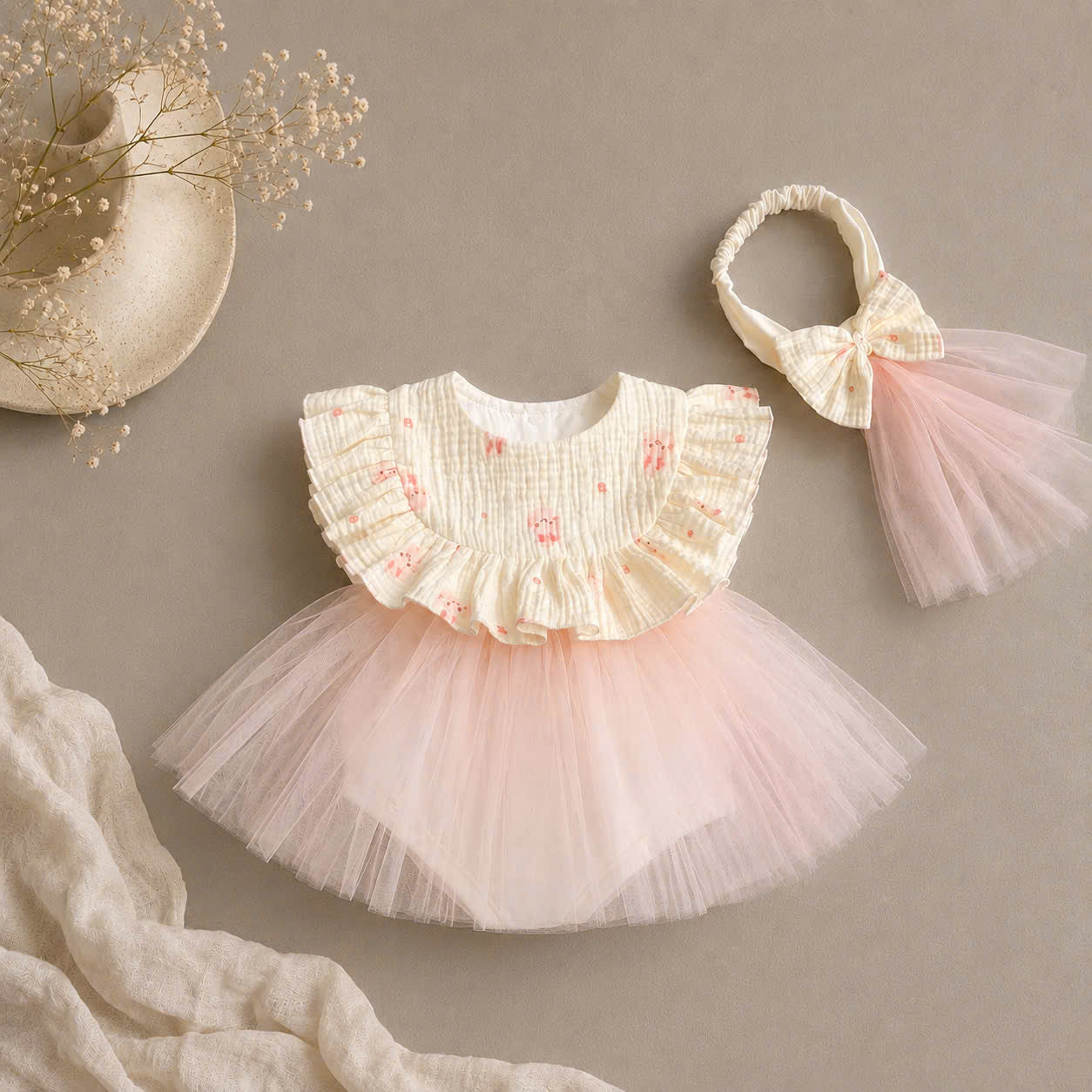 Rosy Bunny Tulle Romper Dress NB–2Y | Bunny Print Baby Dress with Headband | Party & Photoshoot Outfit