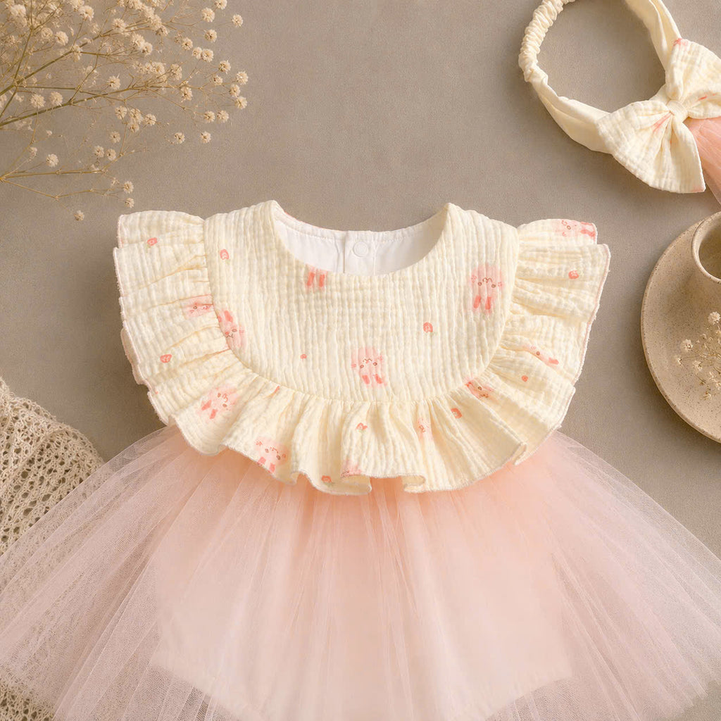 Rosy Bunny Tulle Romper Dress NB–2Y | Bunny Print Baby Dress with Headband | Party & Photoshoot Outfit