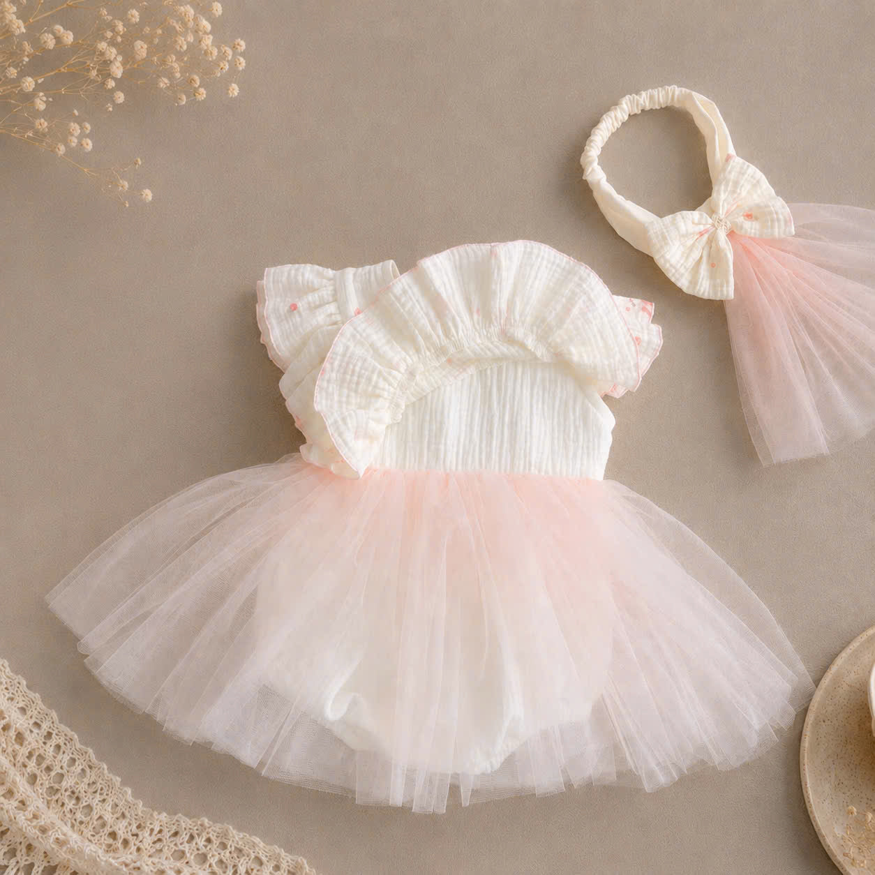 Rosy Bunny Tulle Romper Dress NB–2Y | Bunny Print Baby Dress with Headband | Party & Photoshoot Outfit