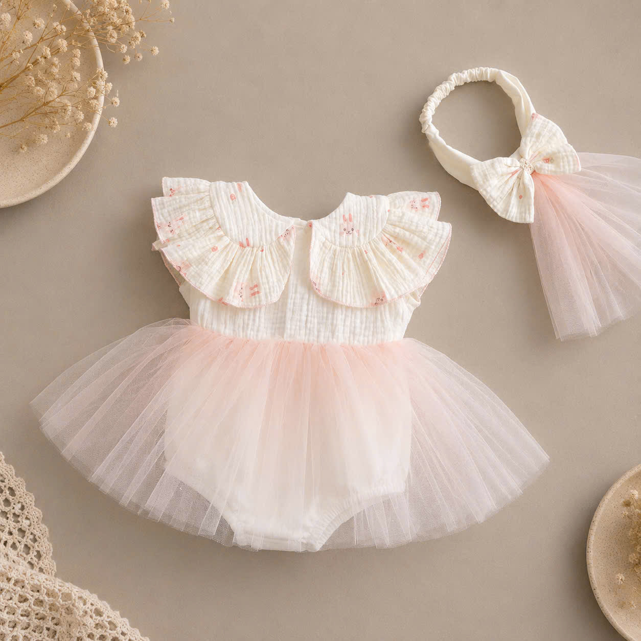 Rosy Bunny Tulle Romper Dress NB–2Y | Bunny Print Baby Dress with Headband | Party & Photoshoot Outfit