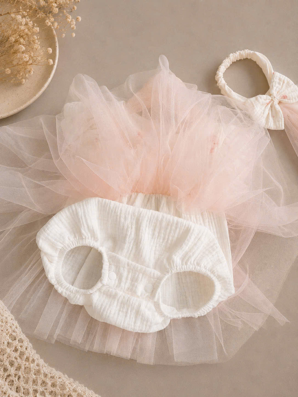 Rosy Bunny Tulle Romper Dress NB–2Y | Bunny Print Baby Dress with Headband | Party & Photoshoot Outfit