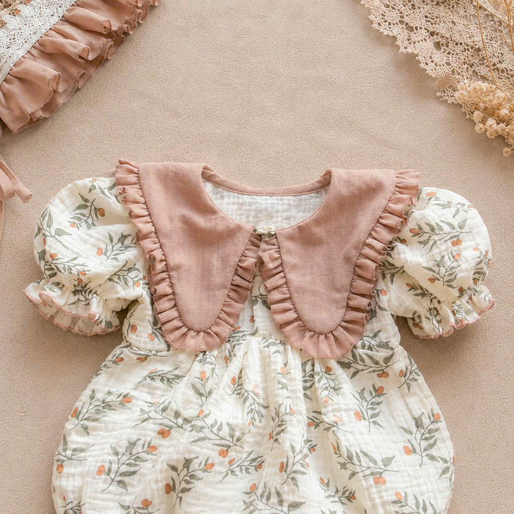Hazel Bloom Romper NB–2Y | Floral Baby Romper with Bonnet | Vintage Baby Outfit