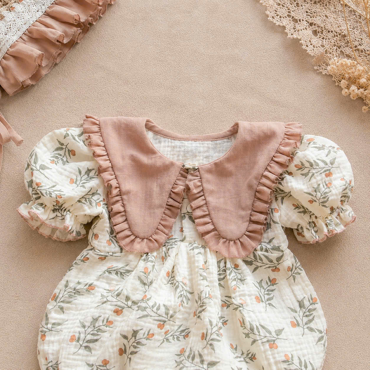 Hazel Bloom Romper NB–2Y | Floral Baby Romper with Bonnet | Vintage Baby Outfit