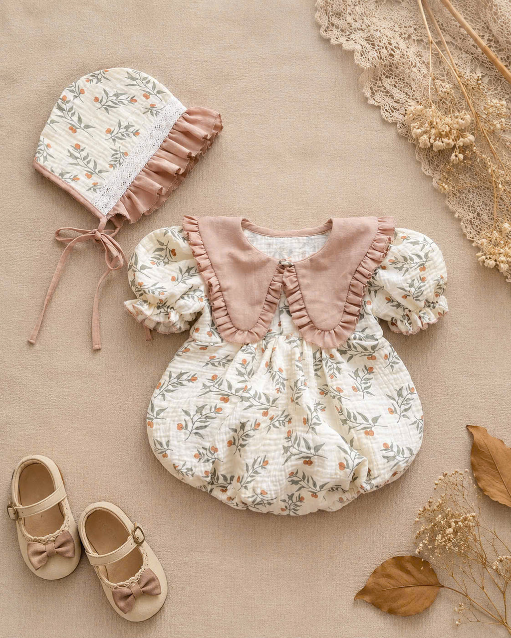 Hazel Bloom Romper NB–2Y | Floral Baby Romper with Bonnet | Vintage Baby Outfit
