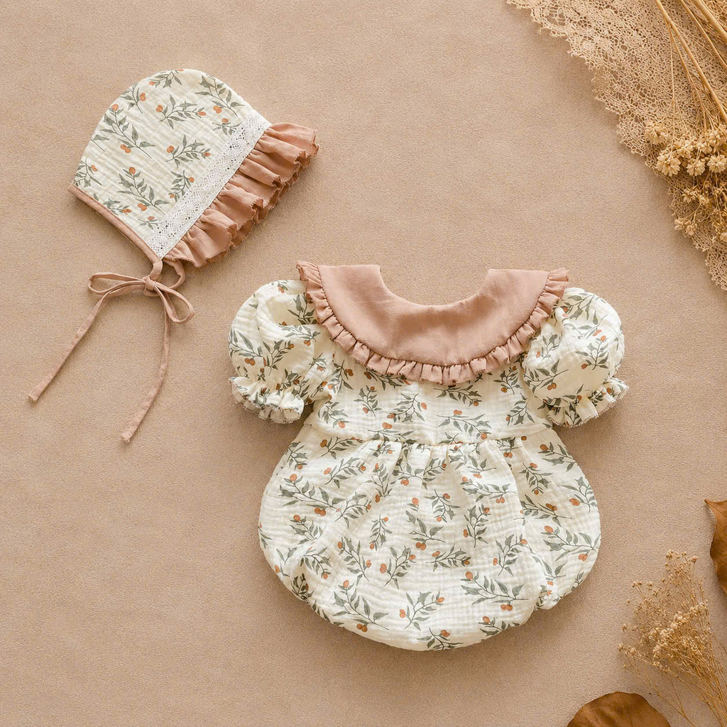 Hazel Bloom Romper NB–2Y | Floral Baby Romper with Bonnet | Vintage Baby Outfit