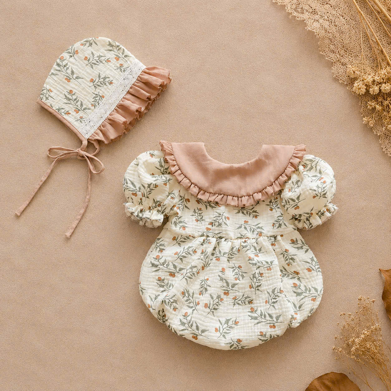 Hazel Bloom Romper NB–2Y | Floral Baby Romper with Bonnet | Vintage Baby Outfit