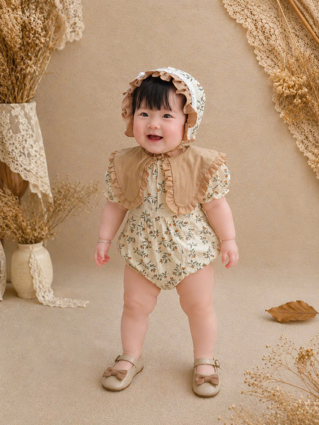 Hazel Bloom Romper NB–2Y | Floral Baby Romper with Bonnet | Vintage Baby Outfit