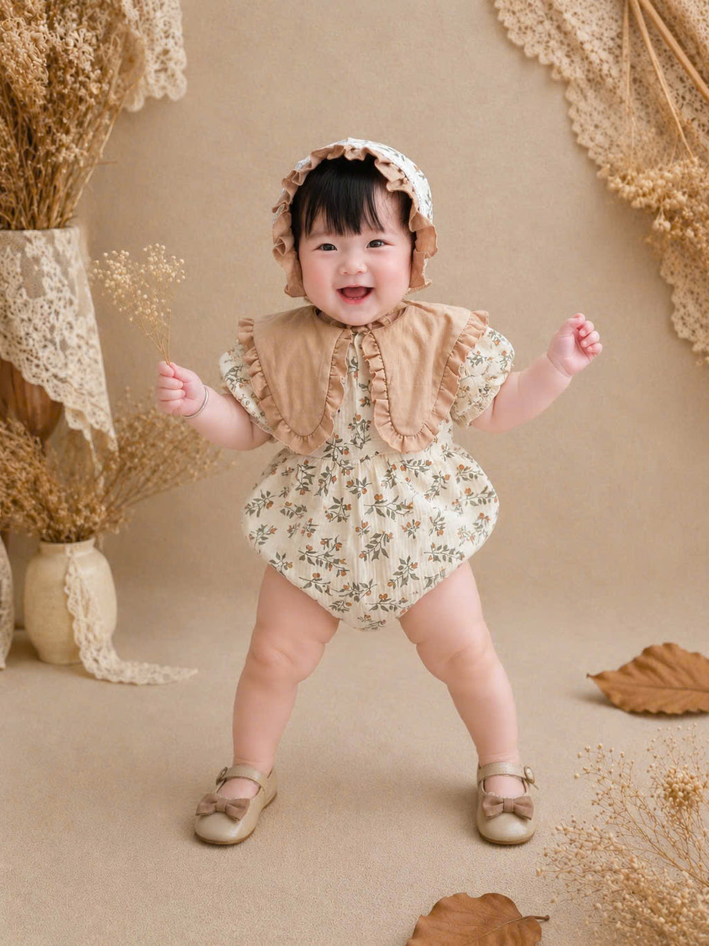 Hazel Bloom Romper NB–2Y | Floral Baby Romper with Bonnet | Vintage Baby Outfit