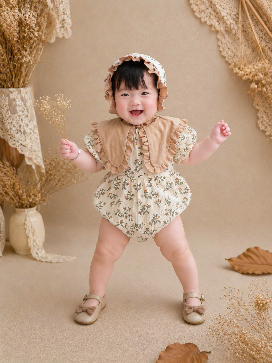 Hazel Bloom Romper NB–2Y | Floral Baby Romper with Bonnet | Vintage Baby Outfit