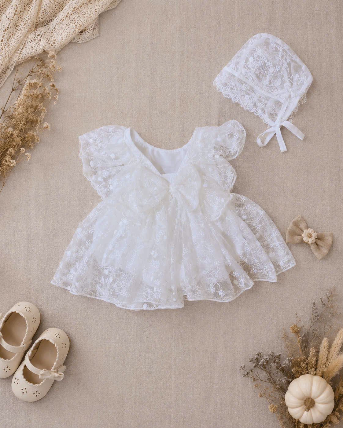 Heavenly Lace Romper NB–12M | Christening Baby Romper with Lace Details | Special Occasion Outfit