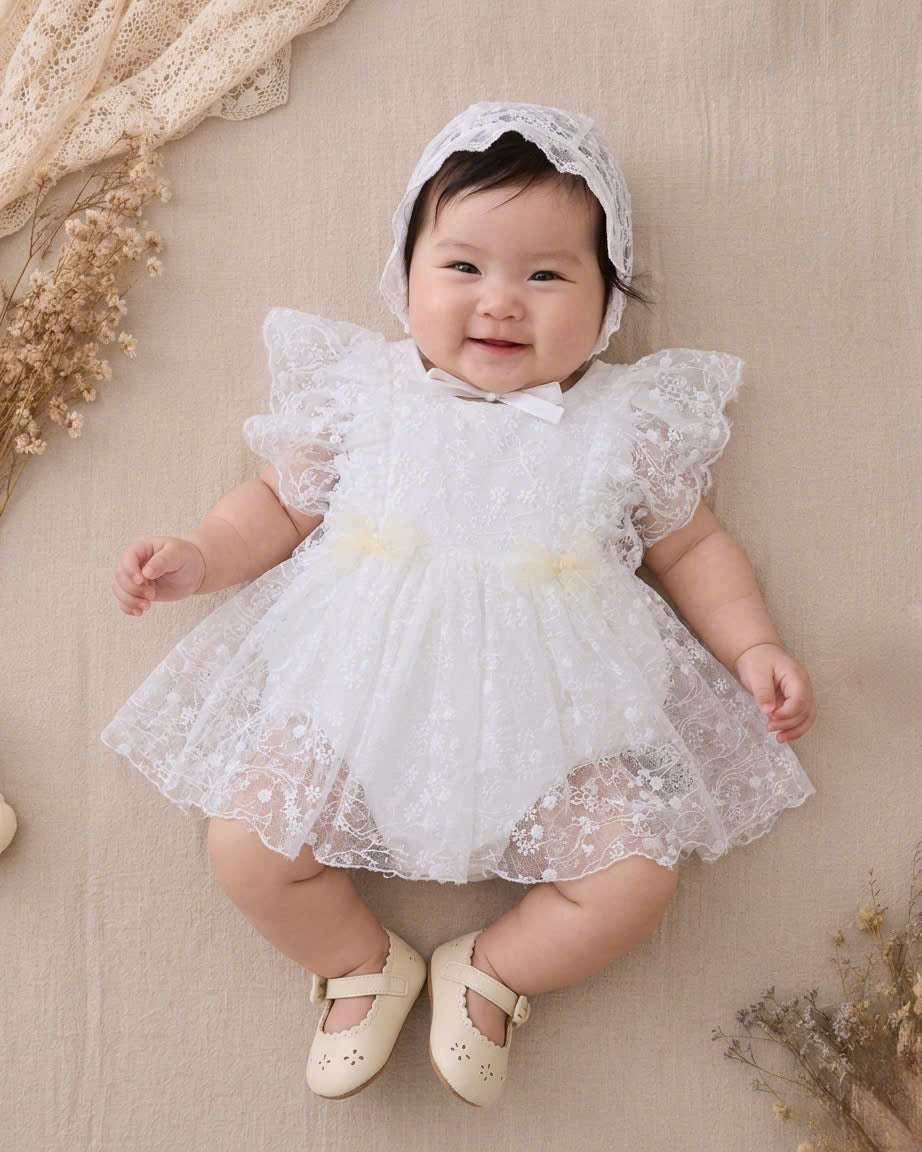 Heavenly Lace Romper NB–12M | Christening Baby Romper with Lace Details | Special Occasion Outfit