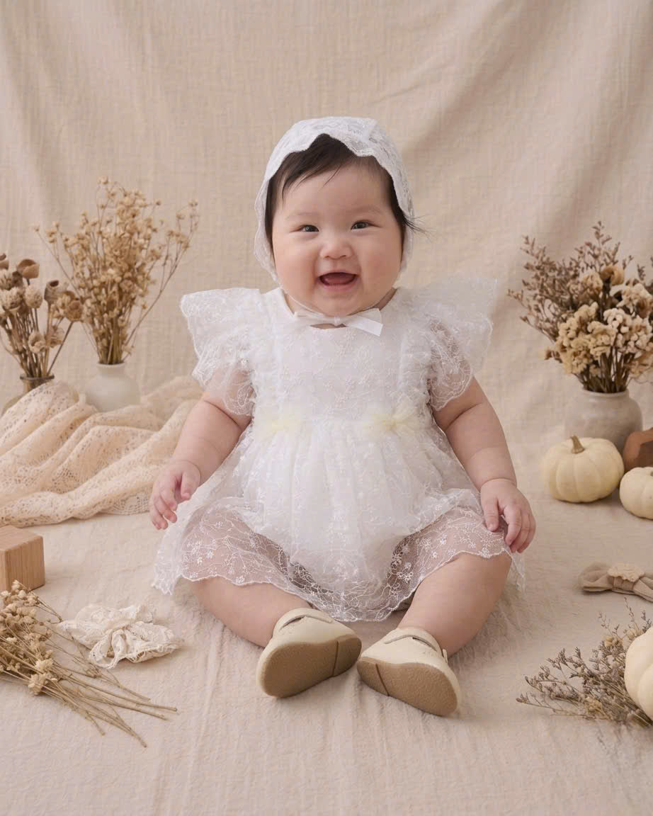 Heavenly Lace Romper NB–12M | Christening Baby Romper with Lace Details | Special Occasion Outfit