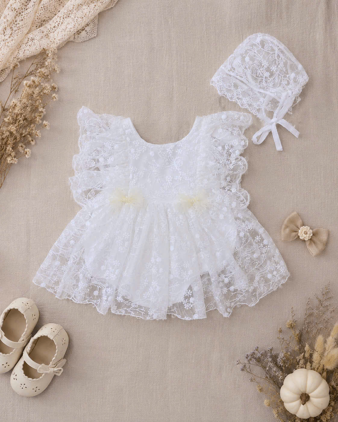 Heavenly Lace Romper NB–12M | Christening Baby Romper with Lace Details | Special Occasion Outfit
