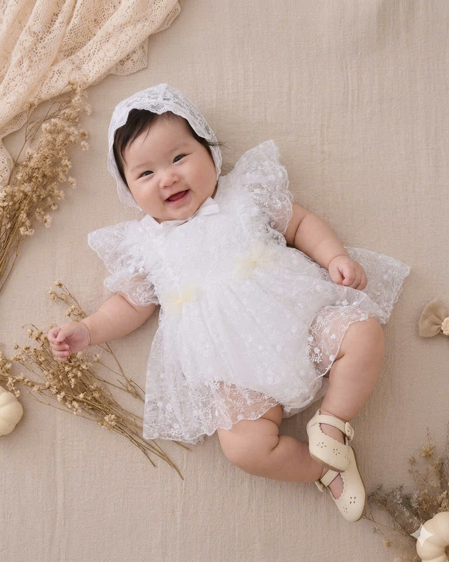 Heavenly Lace Romper NB–12M | Christening Baby Romper with Lace Details | Special Occasion Outfit