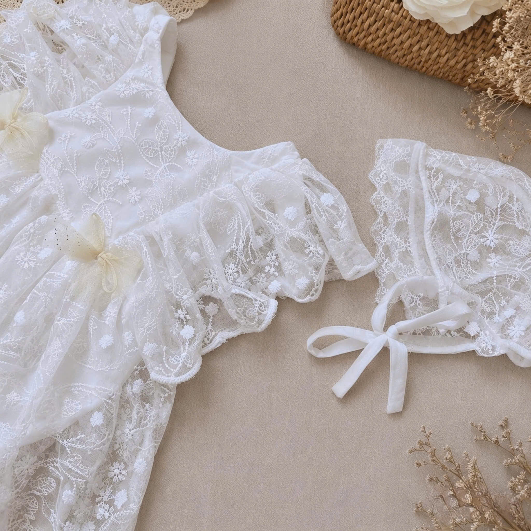 Heavenly Lace Romper NB–12M | Christening Baby Romper with Lace Details | Special Occasion Outfit