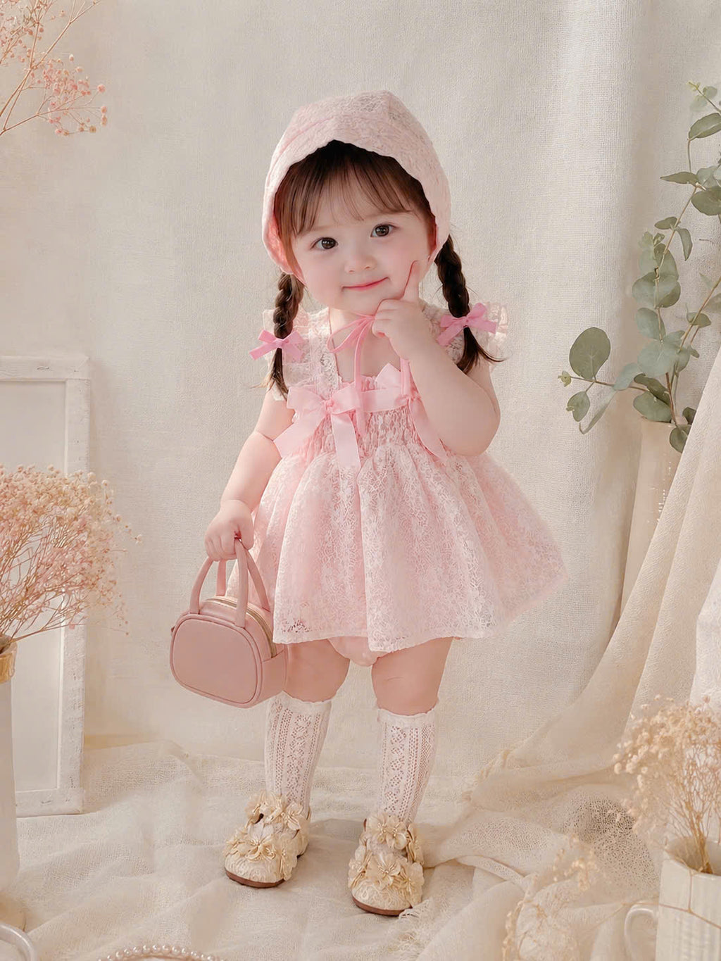 Baby Pink Belle Romper Dress NB–12M | Lace Baby Romper Dress with Bonnet | Birthday & Photoshoot Outfit