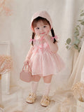 Baby Pink Belle Romper Dress Newborn–12Months | Lace Baby Romper Dress with Bonnet | Birthday & Photoshoot Outfit