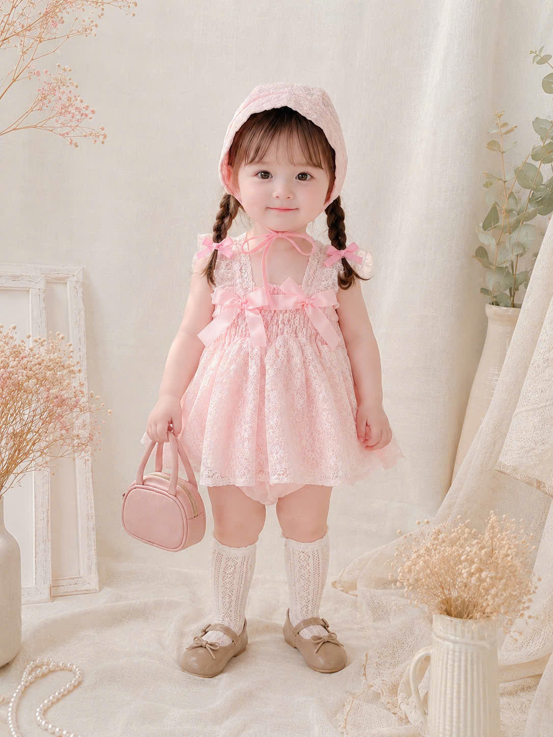 Baby Pink Belle Romper Dress NB–12M | Lace Baby Romper Dress with Bonnet | Birthday & Photoshoot Outfit