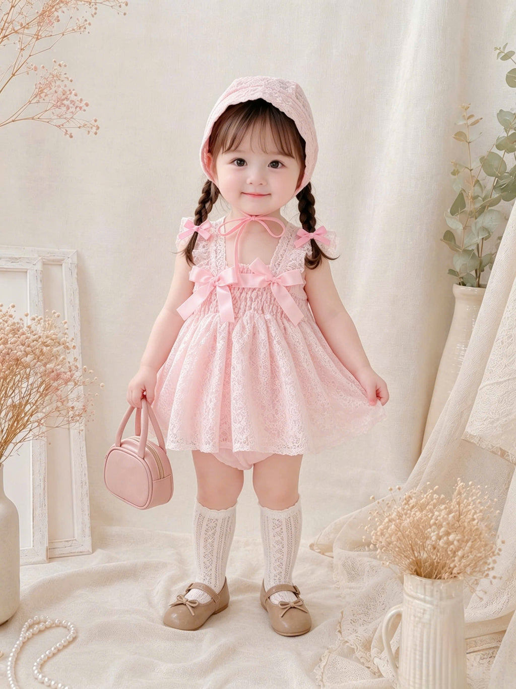 Baby Pink Belle Romper Dress NB–12M | Lace Baby Romper Dress with Bonnet | Birthday & Photoshoot Outfit